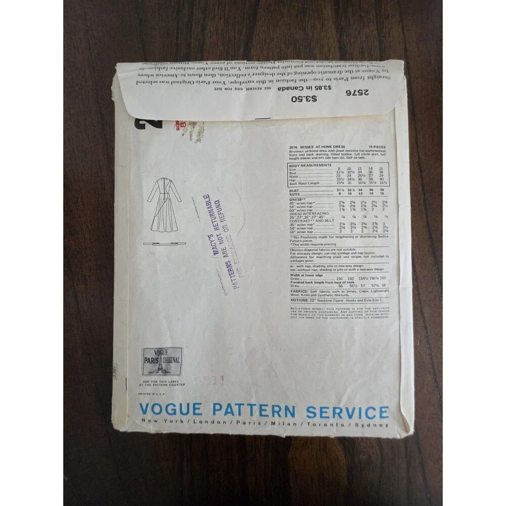 Vintage Vogue Paris Original 2576 Lanvin Dress Sewing Pattern Sz 8-16 Uncut